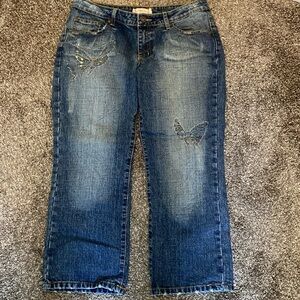Leo Roma Leoroma Cropped Distressed Jeans Vintage Denim Butterfly Accents Sz 13